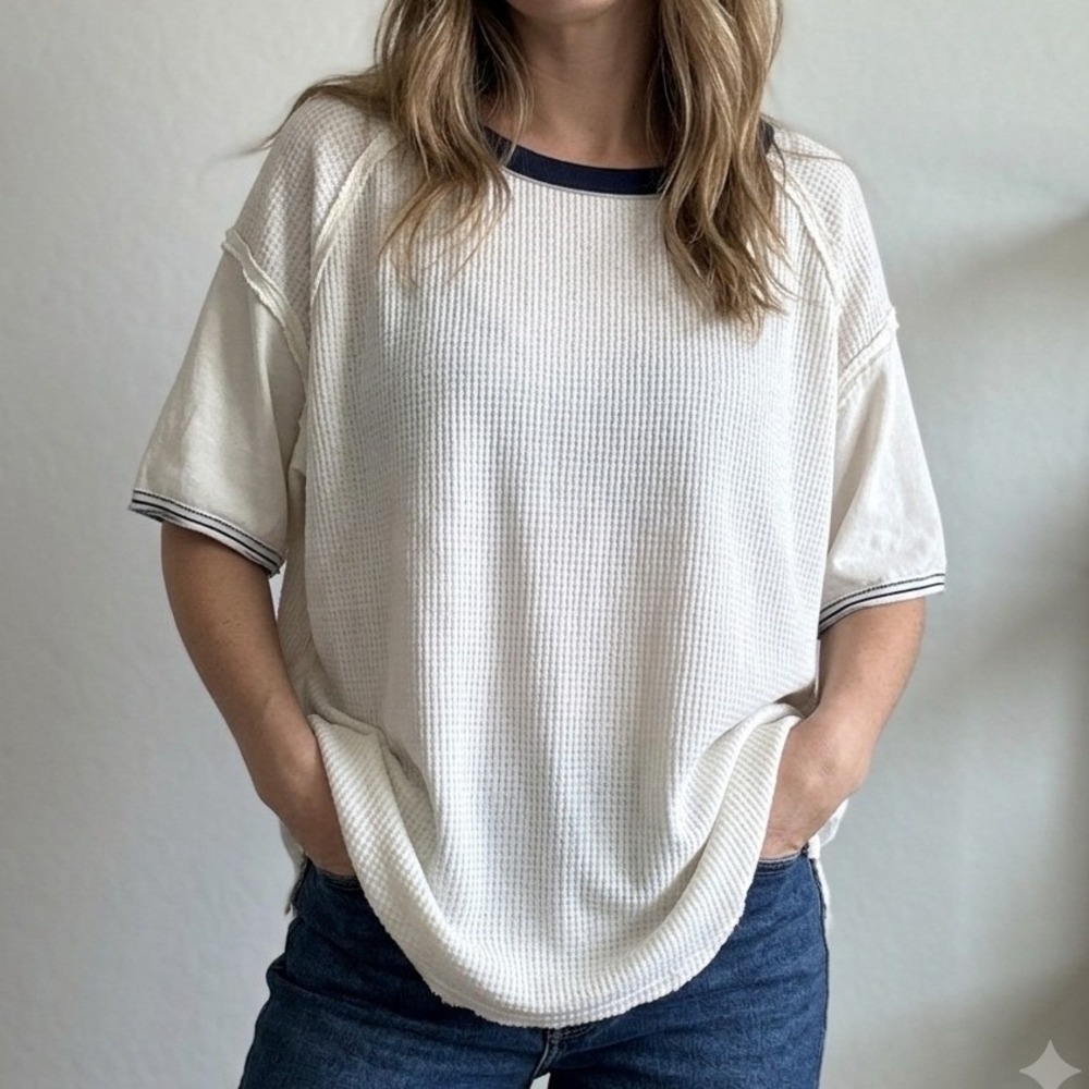 Free People Organic Cotton Waffle Knit Ringer Tee, Ivory XS/S | We The Free boho